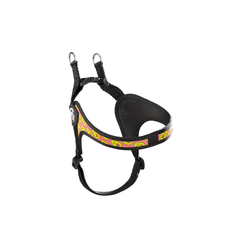 Schwarzes Hundegeschirr mit buntem Muster, strapazierfähig, ergonomisch und mit D-Ringen für optimale Leinenführung.