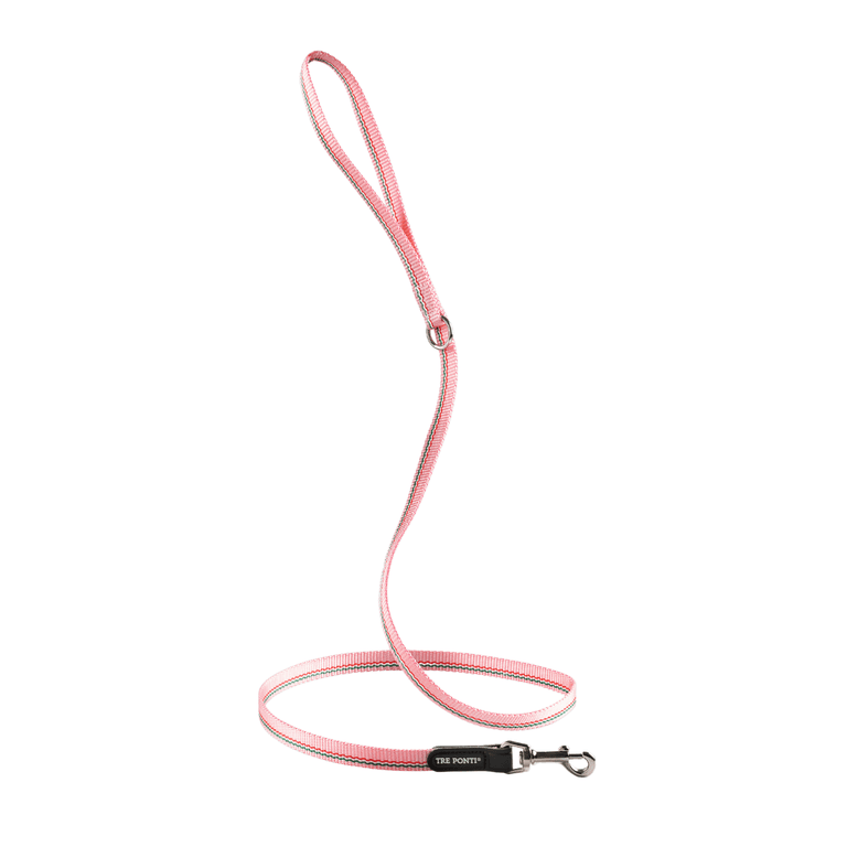 Rosa Hundeleine mit diagonalen Streifen, stabiler Karabiner und schwarzes Markenlabel am Griff.