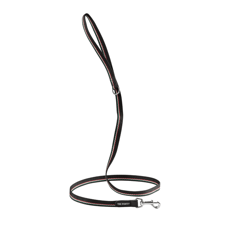 Schwarze Hundeleine aus strapazierfähigem Material mit ergonomischem Griff und robustem Karabinerhaken.