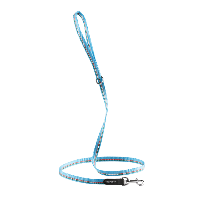 Blaue und schwarze Hundeleine aus strapazierfähigem Material mit Metallkarabiner für sicheren Halt.