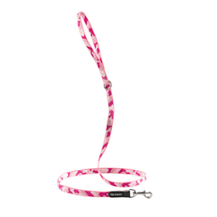 Pinke Hundeleine aus Textil mit rosa Muster und stabilem Metallkarabiner, ideal für Spaziergänge.