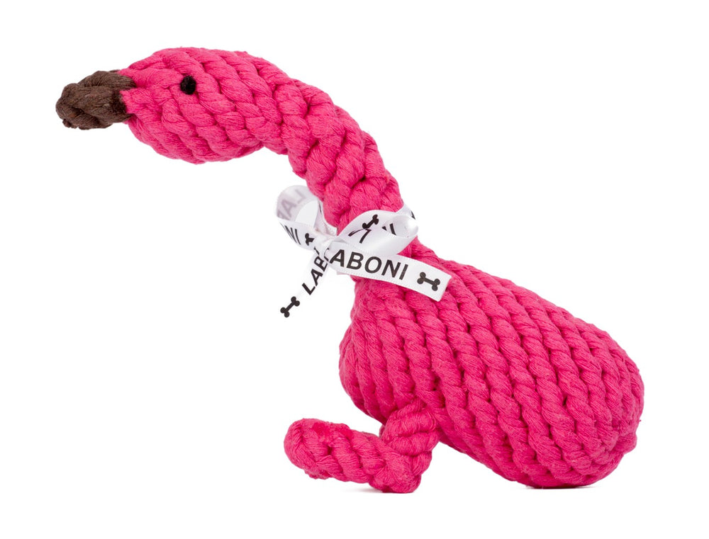 ALT-Text: Pinkes Flamingo-Spielzeug für Hunde mit geflochtenem Material und LABABONI-Band für verspielte Haustierstunden.