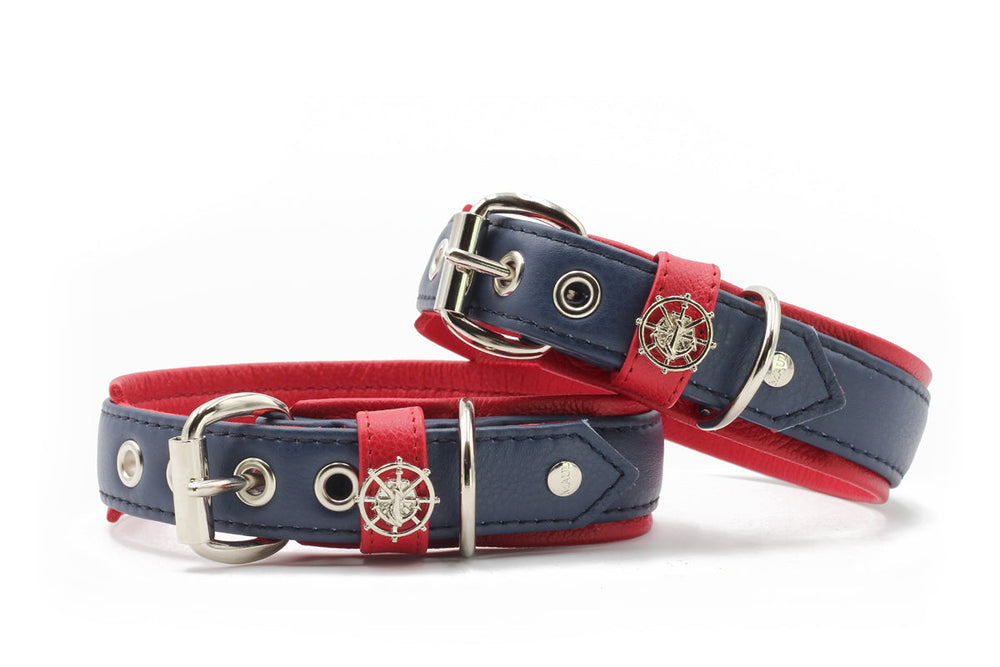 Zwei Hundehalsbänder in Blau und Rot mit silberner Schnalle und Anker-Motiv für maritime Abenteuer.