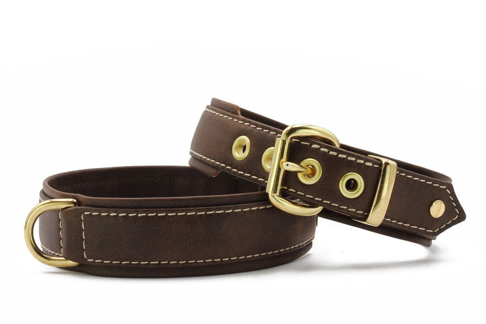 Braunes Lederhalsband mit goldfarbener Schnalle, strukturierter Oberfläche und weißer Naht für individuelle Anpassung.