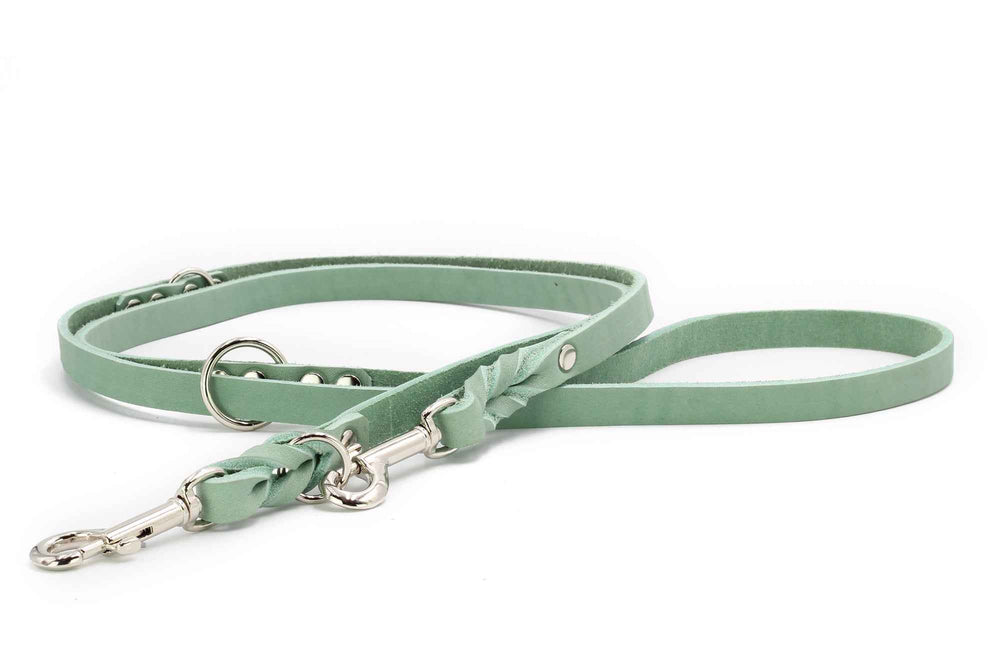 Grüne Lederleine Mono Pop mit geflochtener Struktur und glänzendem Metallkarabiner für Hunde.