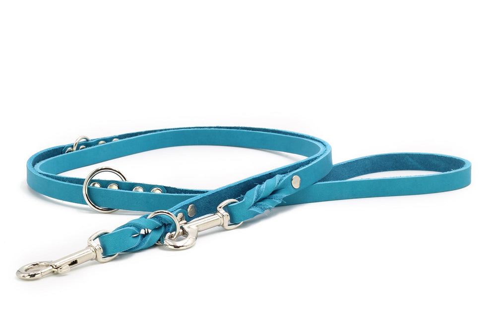Turquoise Lederleine Mono Pop mit geflochtener Detailstelle und metallischen Elementen für stilvolle Hundebesitzer.