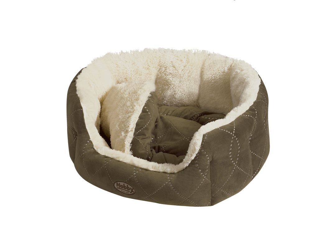 Ovales Komfort-Bett CENO für Hunde und Katzen mit khakifarbenem Design und weichem, hellem Innenbereich.