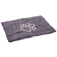 Graue Schmutzfangmatte "DRY & CLEAN" mit Pfotenabdruck-Motiv und fransigen Rändern, weich und sauberkeitsfördernd.
