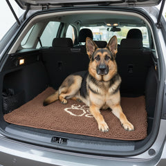 Braune Schmutzfangmatte "DRY & CLEAN" mit strukturiertem Design und hellem Pfotenabdruck in der Mitte.