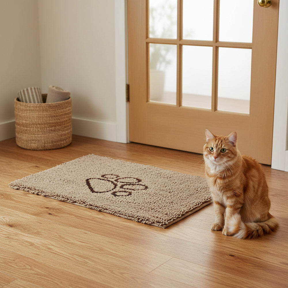 Braune Schmutzfangmatte "DRY & CLEAN" mit Pfotenabdruck-Motiv und flauschiger Textur, ideal für Haustierbesitzer.