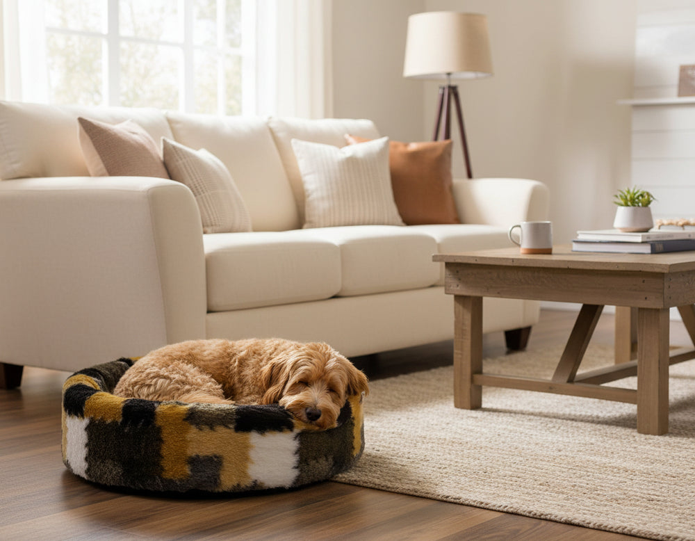 Gemütlicher Wohnraum mit beigem Sofa, Holztisch und schlafendem, braunem Hund im runden Plüschbett auf dem Boden.