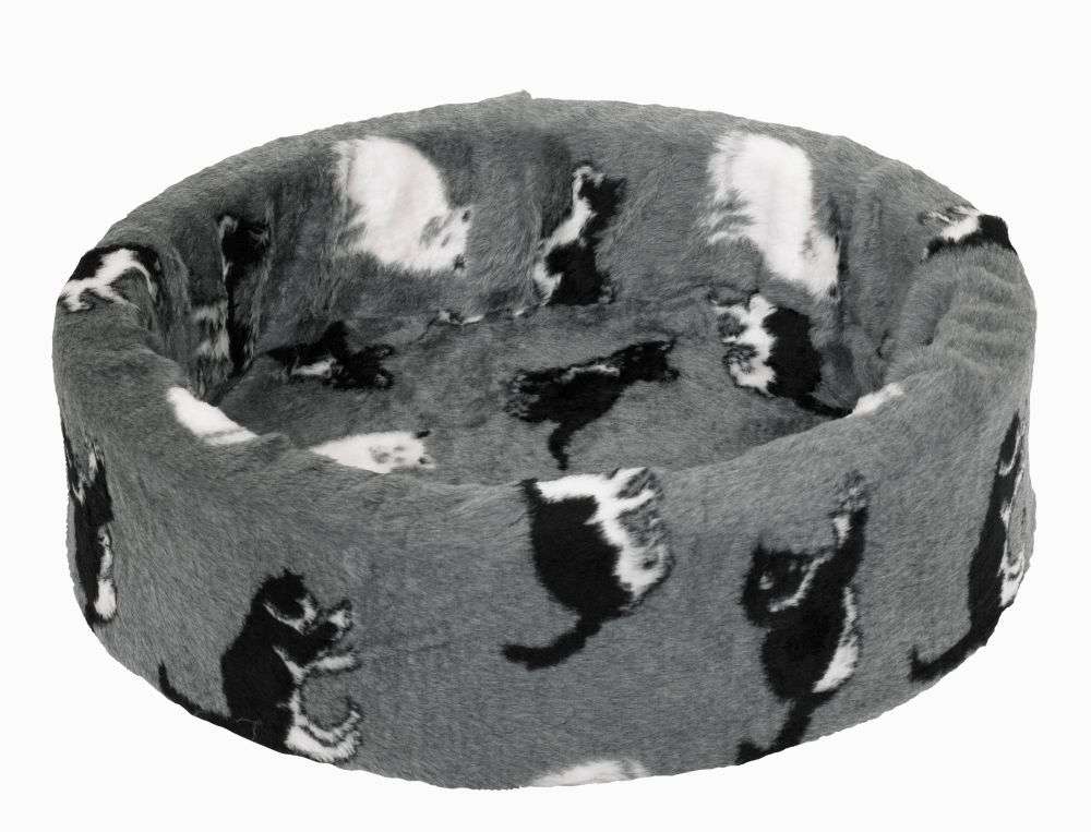 Rundes Plüschbett für Katzen mit grauem Bezug und schwarzen Katzenmotiven, hoher Rand und weiche Liegefläche.
