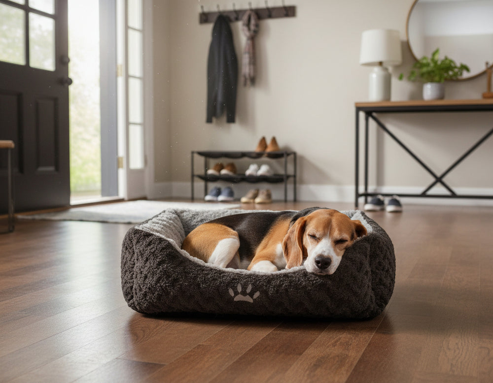 Entspannter Hund schläft im grauen Komfortbett SEOLI in einem hellen, freundlichen Raum mit Holzfußboden.