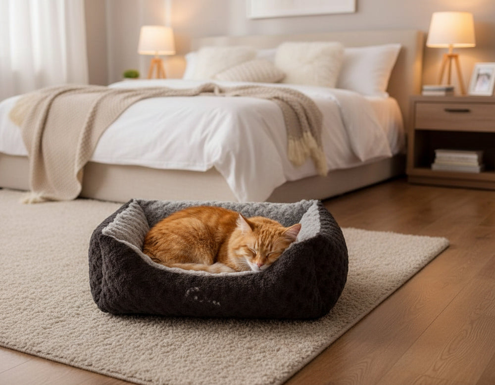 "Gemütliches Schlafzimmer mit Komfortbett SEOLI, einer schlafenden orangefarbenen Katze im dunklen Tierbett auf hellem Teppich."