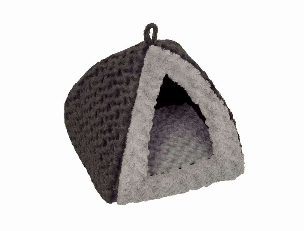 Eckige Höhle "SEOLI" für Haustiere aus grauem, weichem Material mit hellerer Innenausstattung und Vorderöffnung.