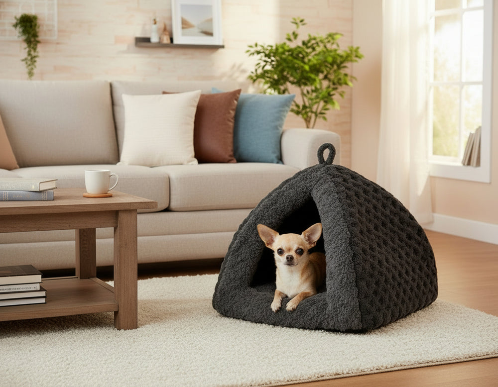 Kleiner Hund entspannt in grauem, eckigem Hundehäuschen im gemütlichen Wohnzimmer.