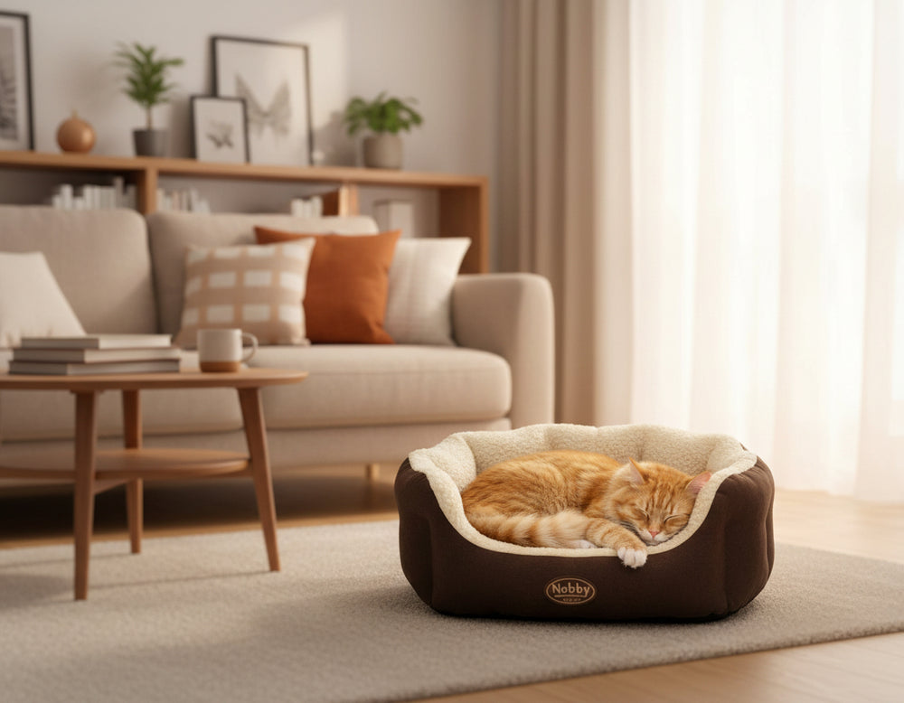 Gemütliches Katzenbett TAIKA oval mit schlafender orangefarbener Katze in einem stilvollen Raum.