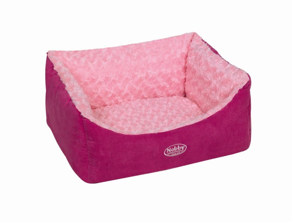 Rechteckiges Hundebett "ARUSHA" in Pink mit flauschiger Hellrosa-Polsterung und erhöhten Wänden für gemütlichen Schlaf.