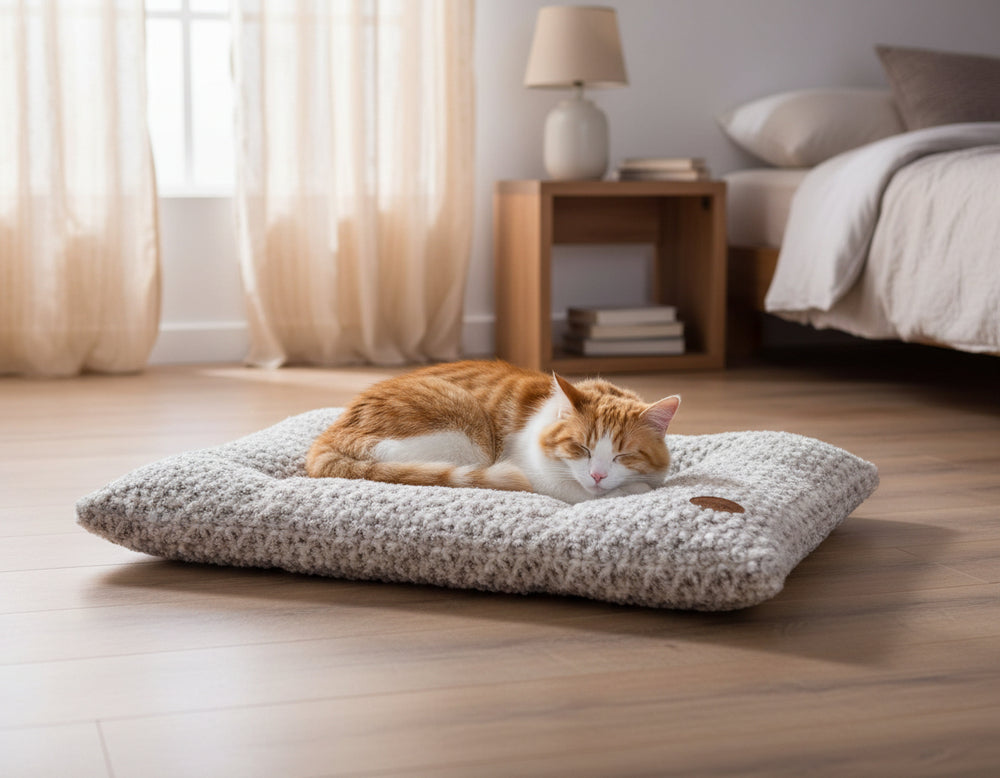 Schlafende orange-weiße Katze auf grauem Komfortkissen in gemütlichem Raum mit sanftem Licht.