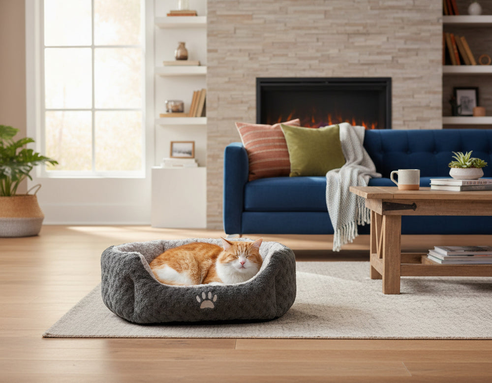 "Gemütlicher Wohnraum: Orangefarbener Kater schläft friedlich in grauem Katzenbett mit Pfoten-Muster."