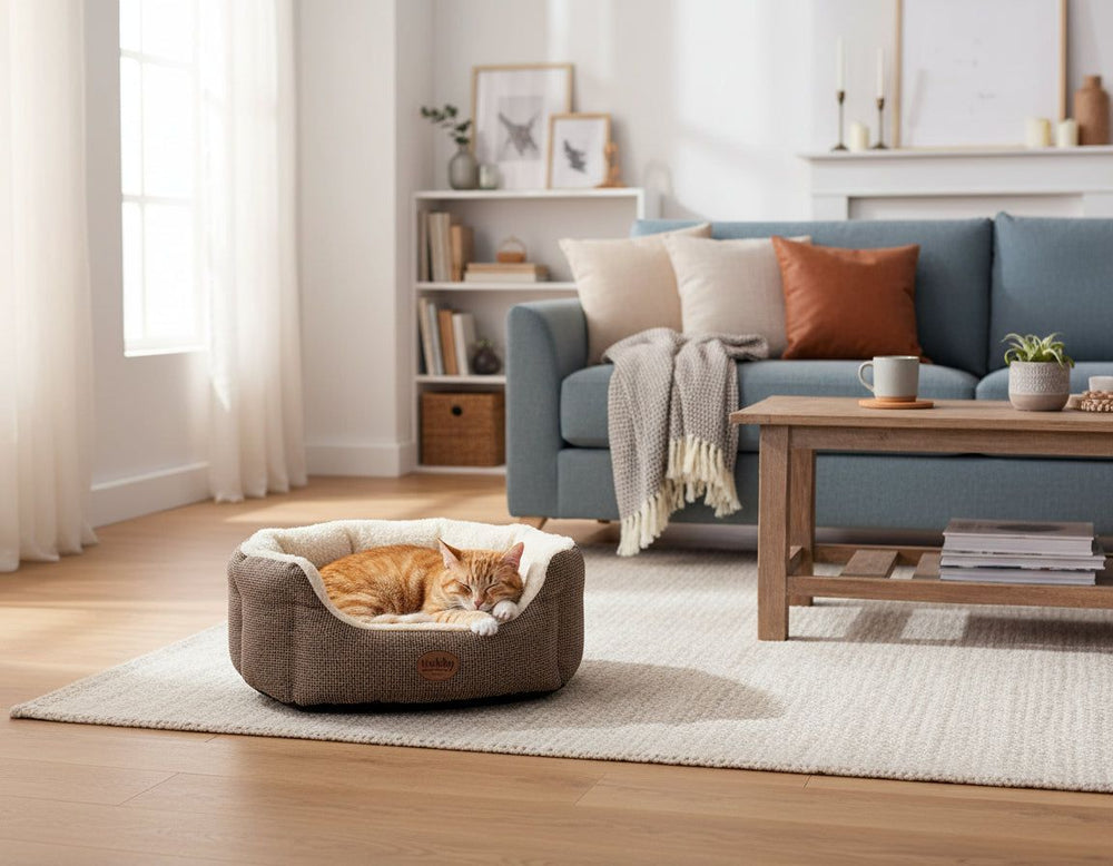 Komfortables ovales Bett ALBA in elegantem Wohnraum mit blauen Sofa, Holztisch und beigem Teppich.