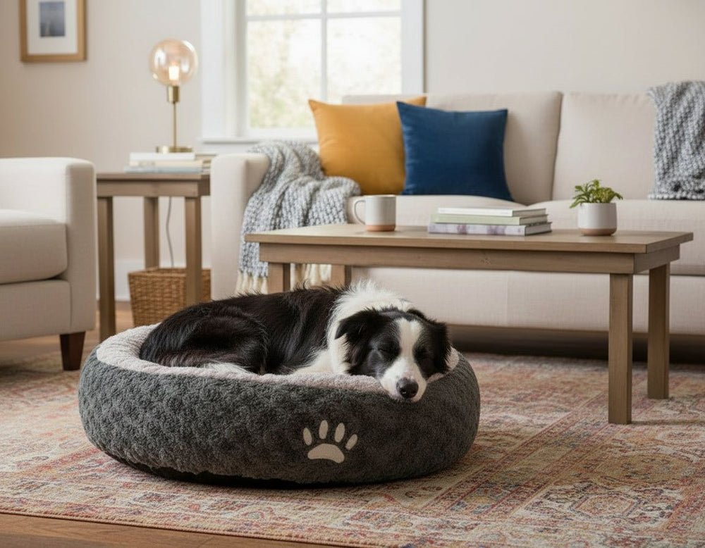 Hund auf grauem Donut-Hundebett in gemütlichem Wohnzimmer mit farbigen Kissen und Stehlampe.