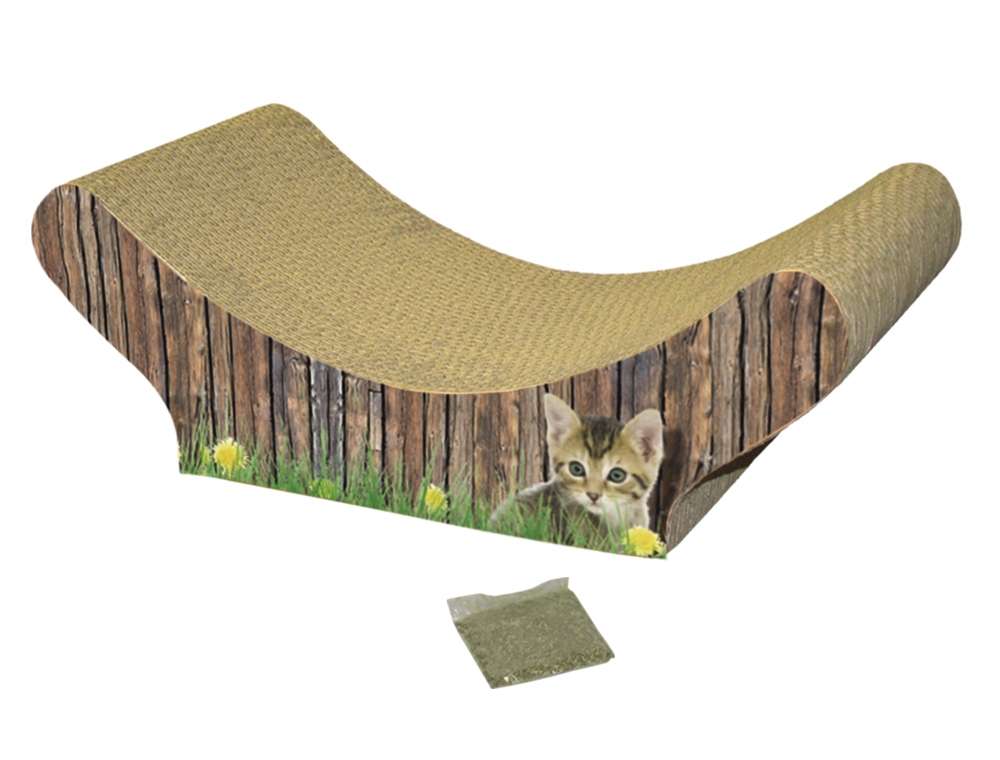 "Wellenförmiges Nobby Kratzbrett für Katzen aus Karton mit Sisaloberfläche, Holz-Wiesen-Motiv und Katzenbild."