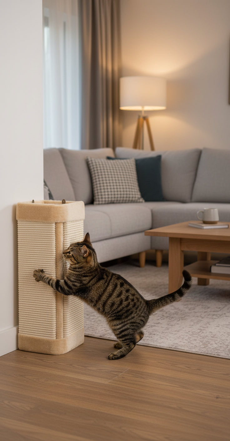 Katze kratzt an Sisal-Kratzbaum in modernem Wohnzimmer mit grauem Sofa und Stehlampe.