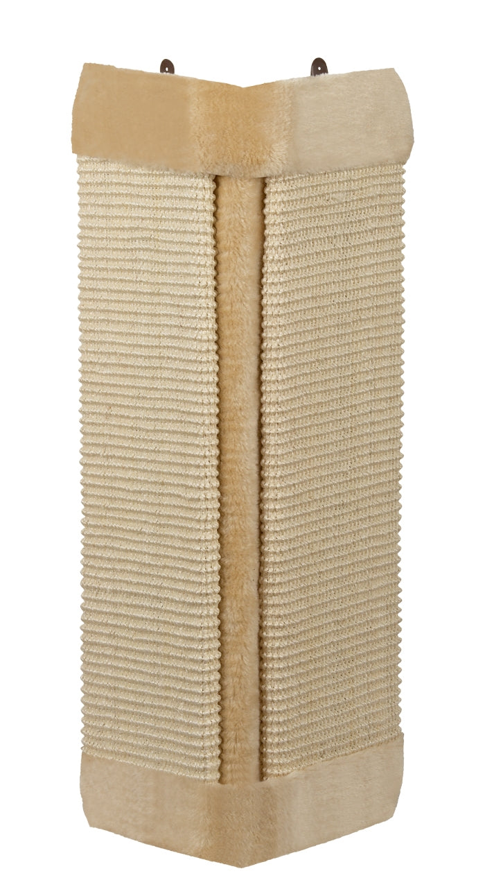 Bequeme Kratzecke für Katzen in hellem Beige mit Sisal-Oberfläche und gepolsterter Oberkante. Ideal für Kratz- und Spielspaß.