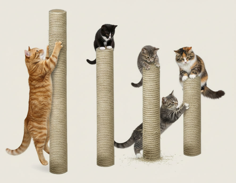 Katzen spielen an Sisal-Kratzsäulen; eine orange Katze klettert, während andere entspannt sitzen.