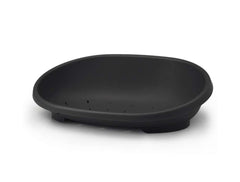 Schwarze ovale Kunststoffschale mit flachem Rand und Abflusslöchern für vielseitige Nutzung und stilvolle Ablage.