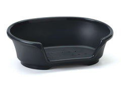 Schwarz glänzende, ergonomische Kunststoffwanne "Cosy-Air" mit perforiertem Boden für optimalen Wasserabfluss.