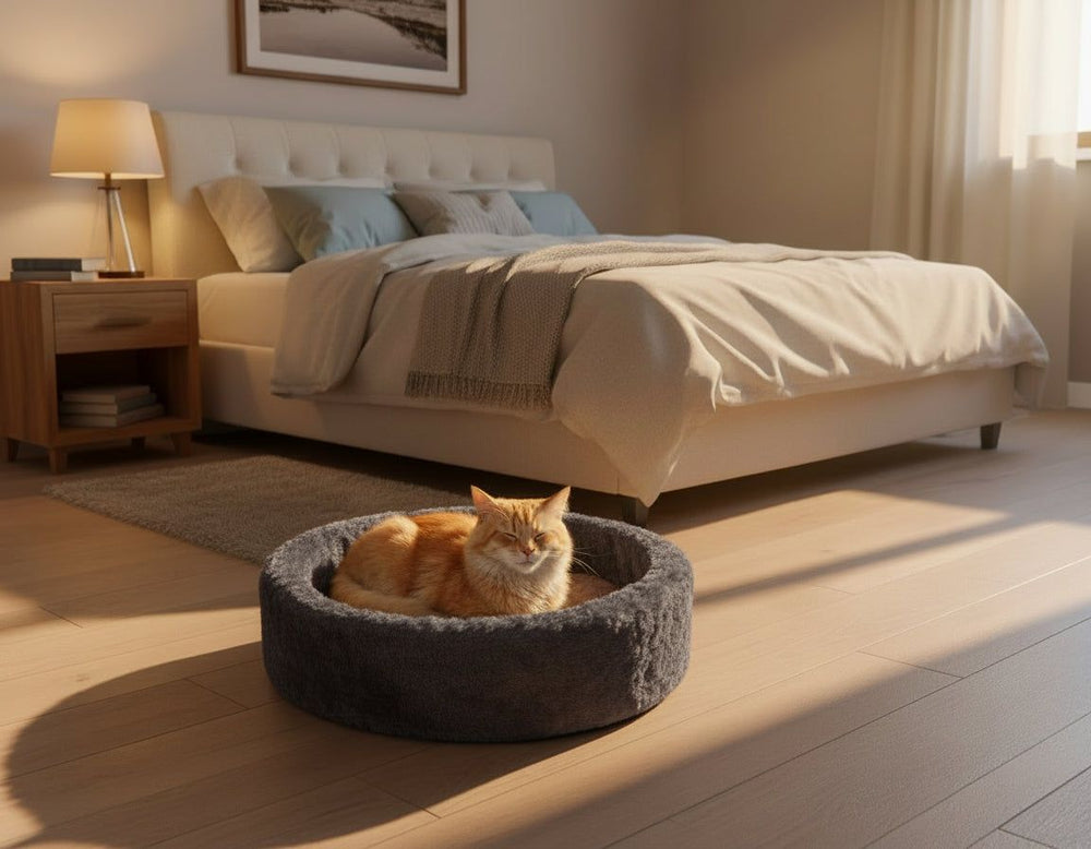 Gemütliches Schlafzimmer mit Plüschbett, Nachttisch und entspannter orangefarbener Katze im grauen Katzenkorb.
