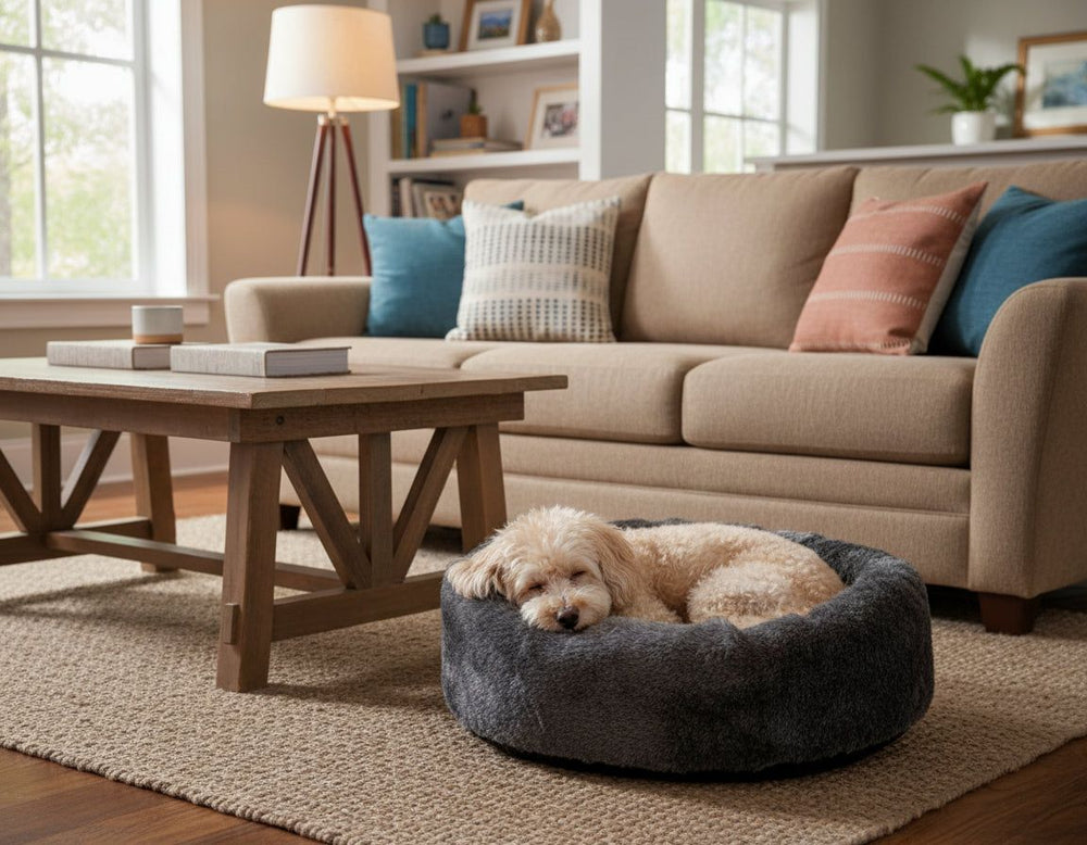 Gemütlicher Wohnraum mit beigem Sofa, Holz-Couchtisch und Bücherstapel auf hellem Teppich. Komfortable Atmosphäre.