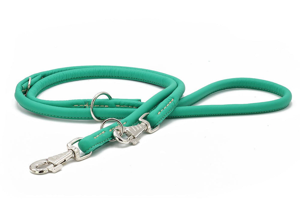 Grüne, gepolsterte Lederleine mit Metallkarabiner und heller Naht für Hunde. Ideal für Spaziergänge und Training.