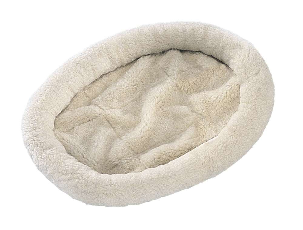 Beiges, ovales Katzen Kuschelbett mit fleeceartigem Innenbereich zum Entspannen und Ausruhen für Haustiere.