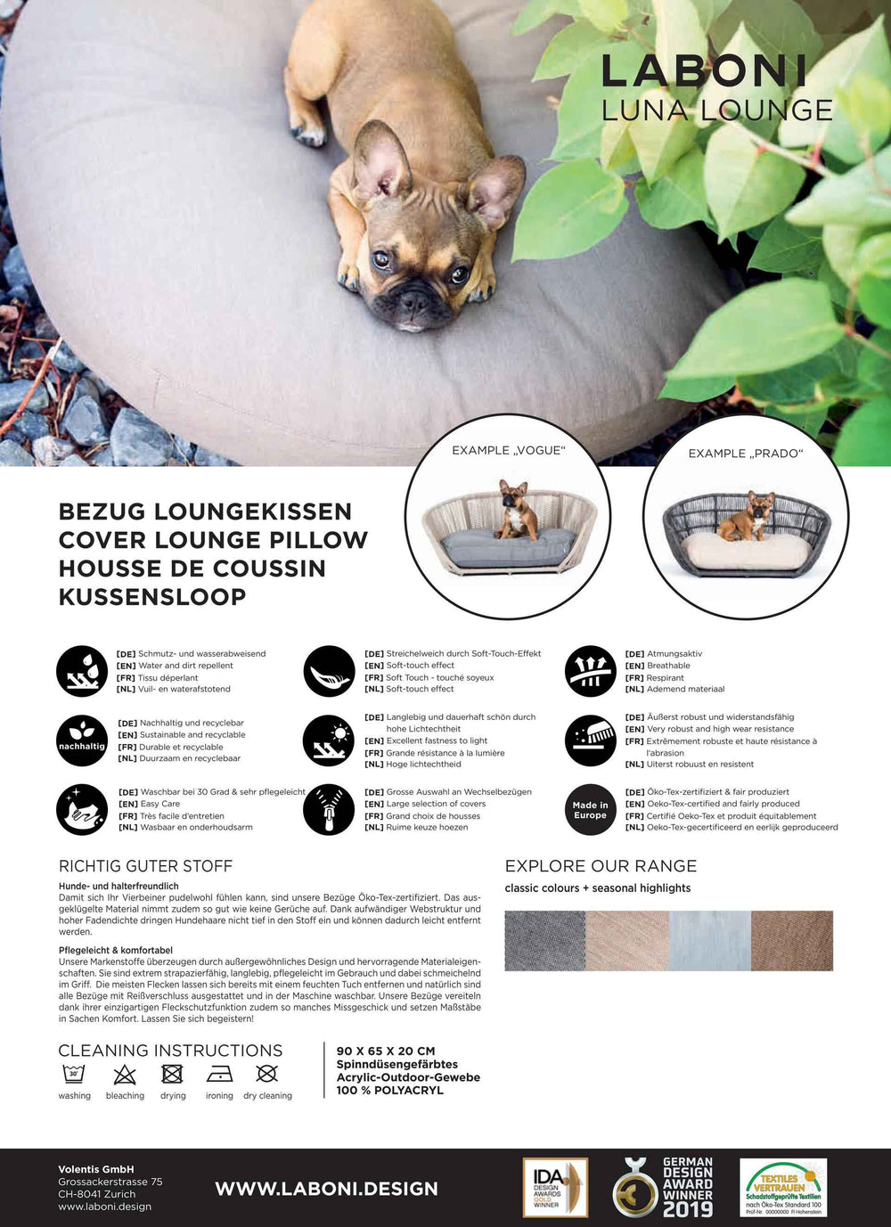 Loungekissen von Laboni mit Hund, verschiedene Ansichten des eleganten Designs in der Produktbroschüre.