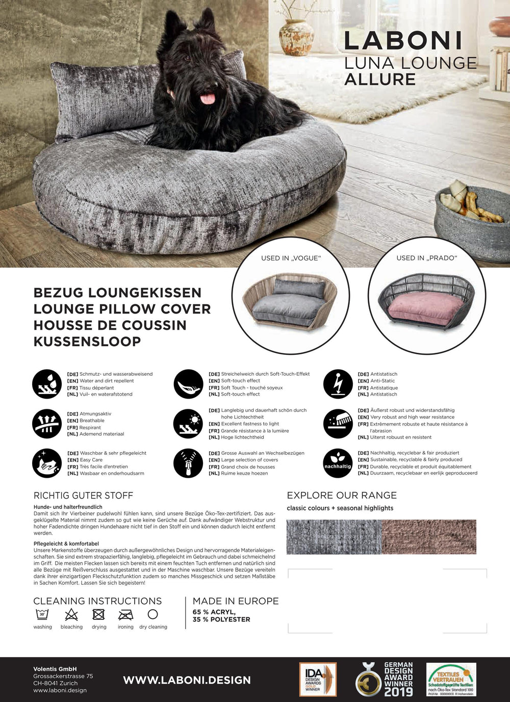 Design-Hundebett ALLURE von VOGUE im Produktblatt mit Informationen zu Materialien und Farben für stilvolle Haustierhaltung.