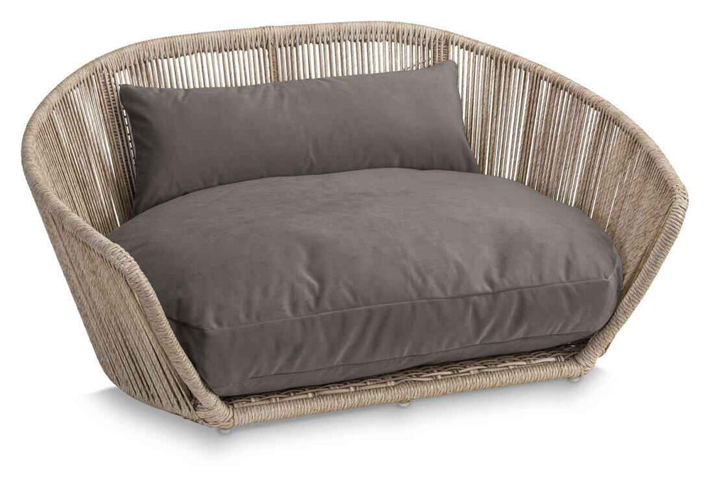 Gemütliches VOGUE Design-Hundebett OXFORD, rund mit grauem Kissen, ideal für drinnen und draußen.