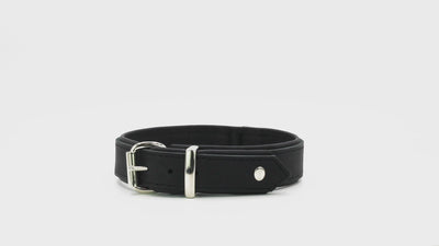 Schwarzes Halsband aus Kunstleder mit silberner Schnalle und modernem Design, ideal für stilvolle Hundeaccessoires.