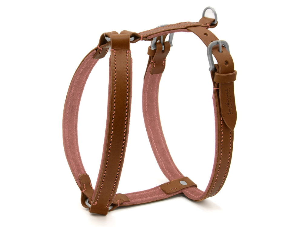 Schlankes braunes Ledergeschirr für Hunde mit rosa Polsterung und silbernen Metallteilen - WILDFANG Design.