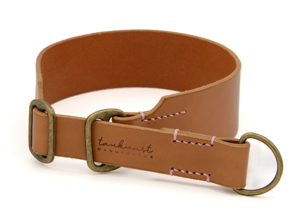 Braunes Lederhalsband mit D-Ringen und gesticktem Detail, elegant und hochwertig verarbeitet. Ideal für stilvolle Hunde.