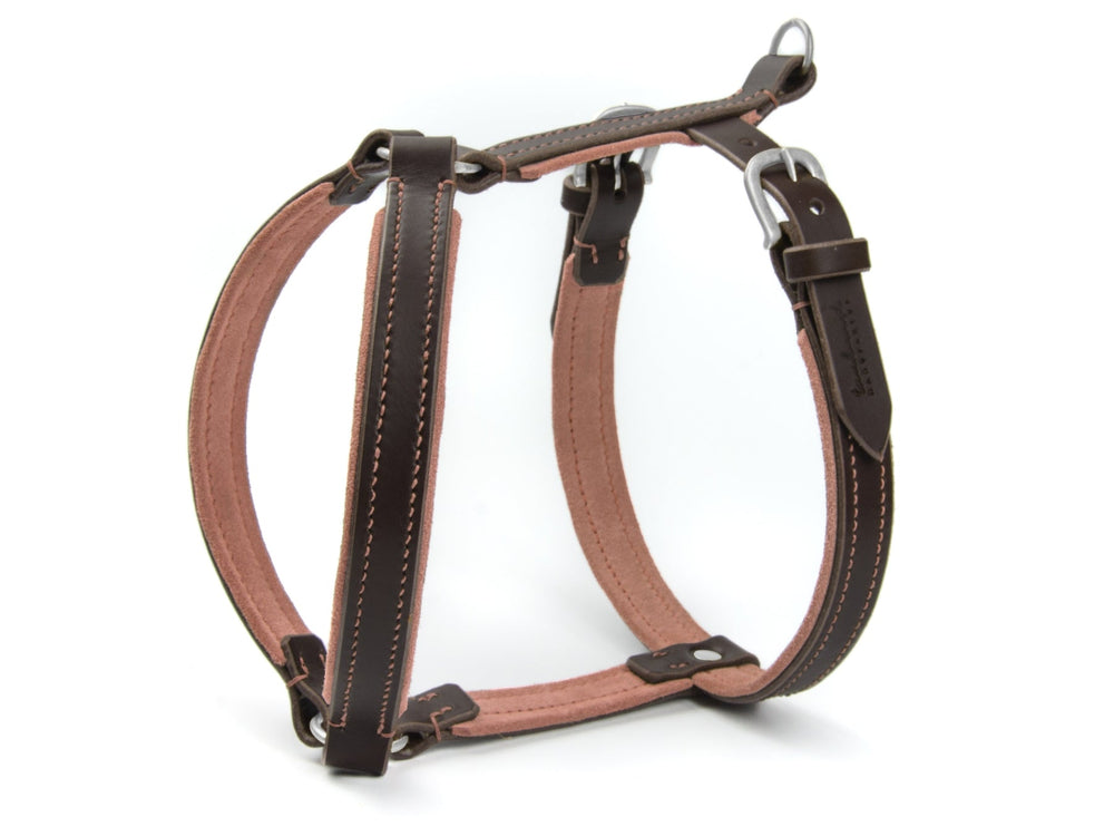Braunes Hundegeschirr aus Leder mit hellen Nähten und robusten Metallbeschlägen, verstellbar für optimale Passform.