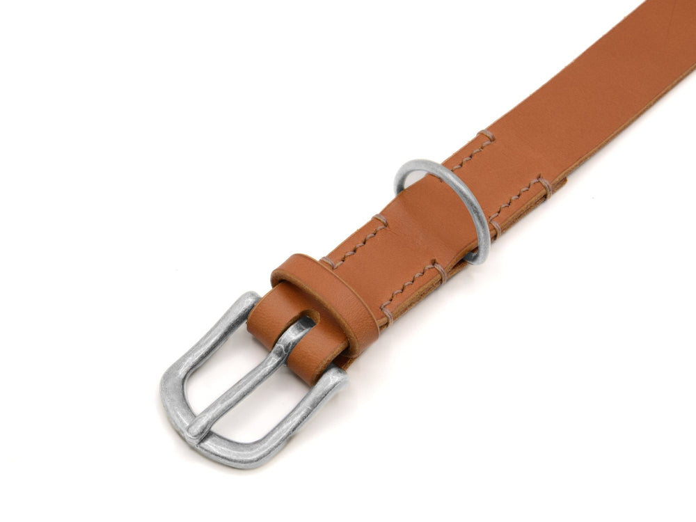 Braunes Lederhalsband mit schlichter silberner Schnalle und zwei Durchzügen, ideal für stilvolle Hunde.
