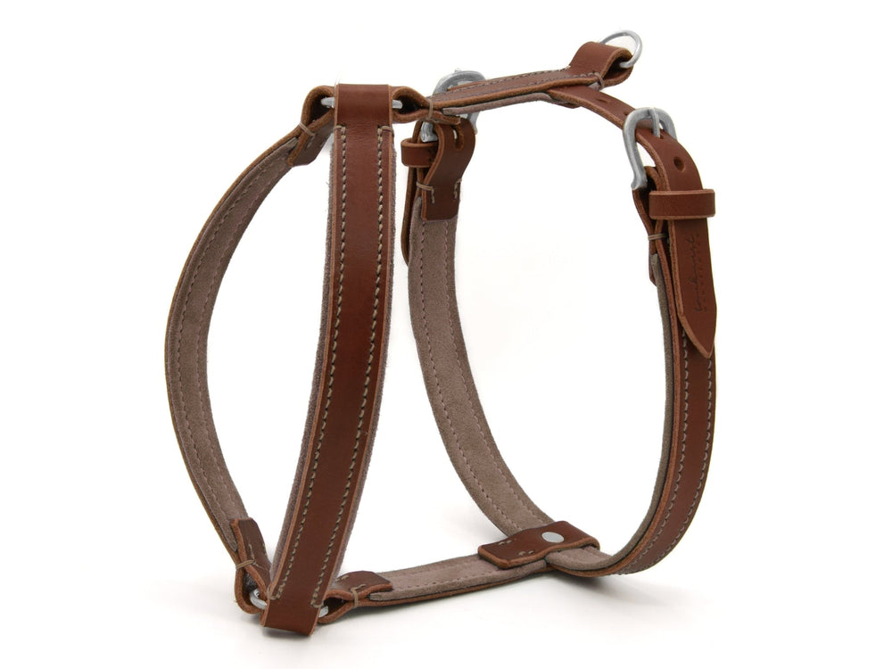 Braunes Ledergeschirr WILDFANG für Hunde mit angenehmer, heller Innenseite und robusten Metallringen.