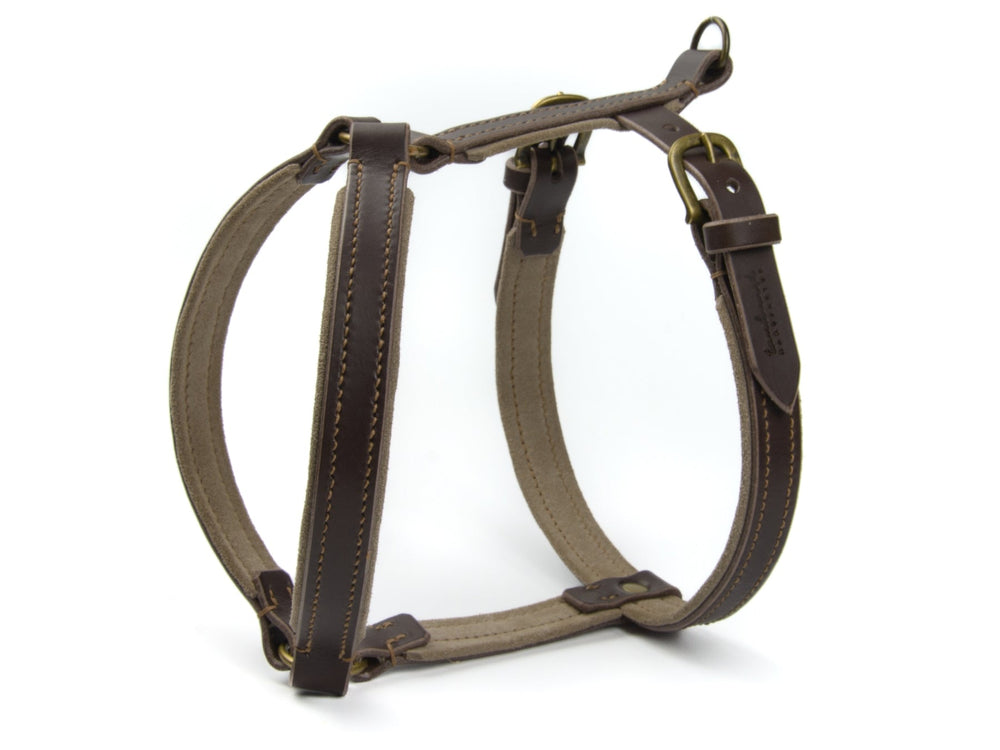 Braunes, gepolstertes Hundegeschirr aus robustem Material mit Lederdetails und Metallschnallen für optimalen Komfort.