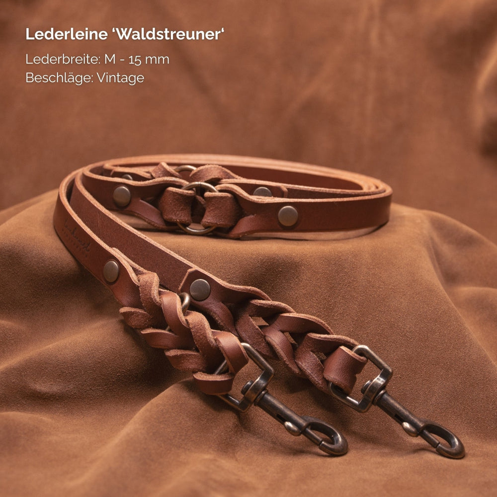 Braune geflochtene Lederleine im Vintage-Look mit metallischen Beschlägen, 15 mm breit, stilvoller Waldstreuner.