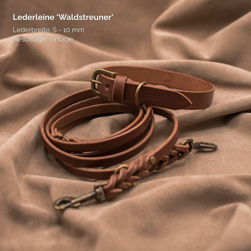 Braune Lederleine "Waldstreuner" mit 10 mm Breite und Vintage-Beschlag auf beigem, samtigem Untergrund.