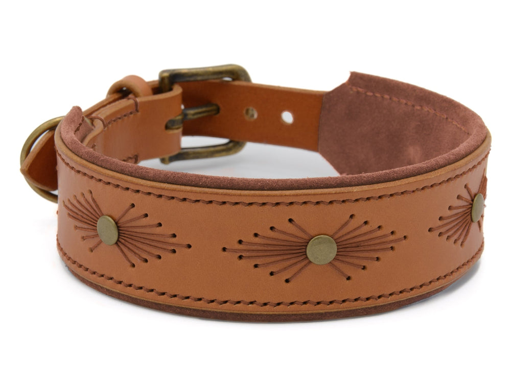 Braunes Lederhalsband WOODSTOCK für Hunde mit eingeprägten Mustern und Metallnieten, gepolstert für maximalen Komfort.