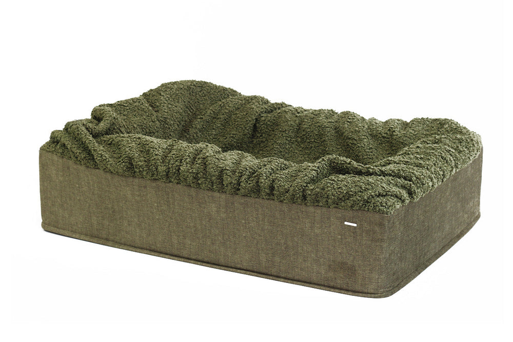 Ersatzbezüge für Buddelbox® – hundefreundliches Bett in dunkelgrün mit grauer Umrandung, plüschige Liegefläche